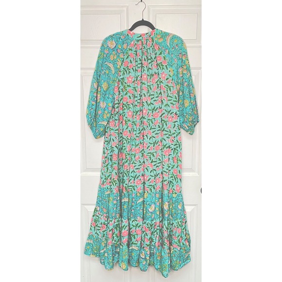 Wayward Fancies Womens XL Dress Green Floral Print Cotton Tiered Trapeze Peasant - Picture 2 of 6